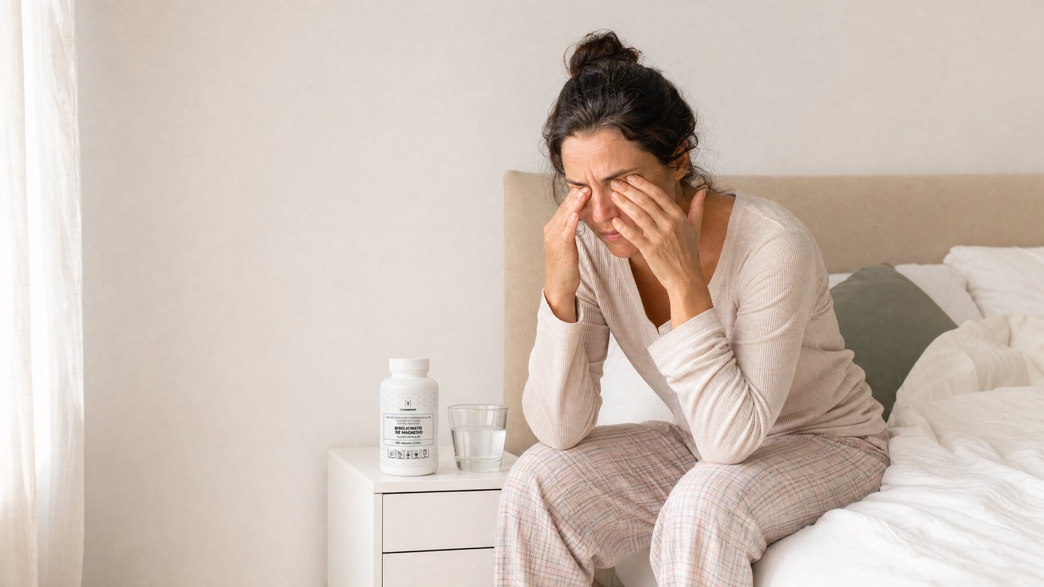 Mujer cansada al borde de la cama junto al Bisglicinato de Magnesio Labmoment