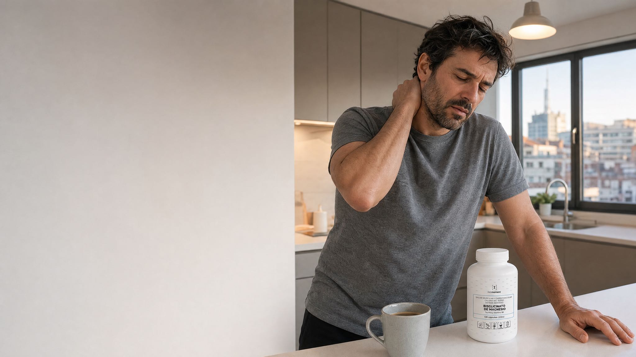 Hombre cansado en la cocina al amanecer junto al Bisglicinato de Magnesio Labmoment